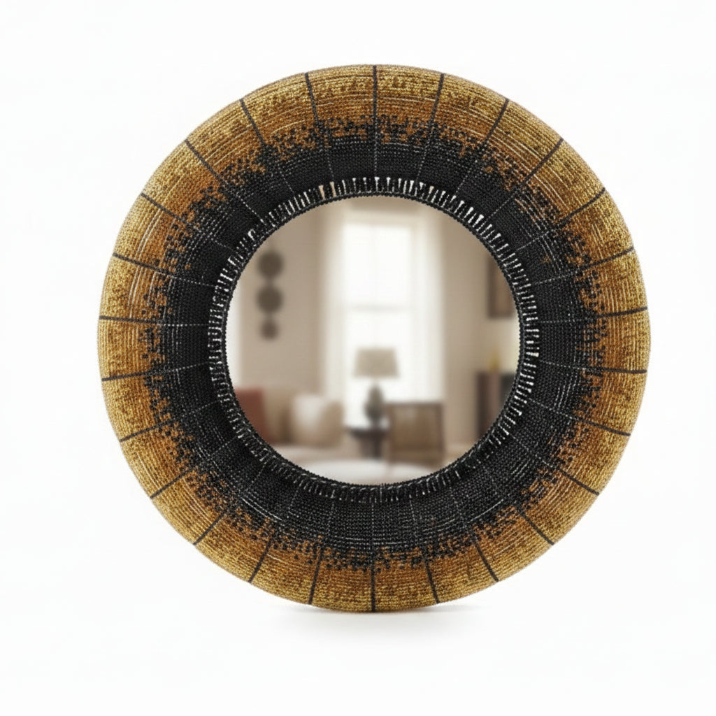 Round mirror with gold and black beaded frame