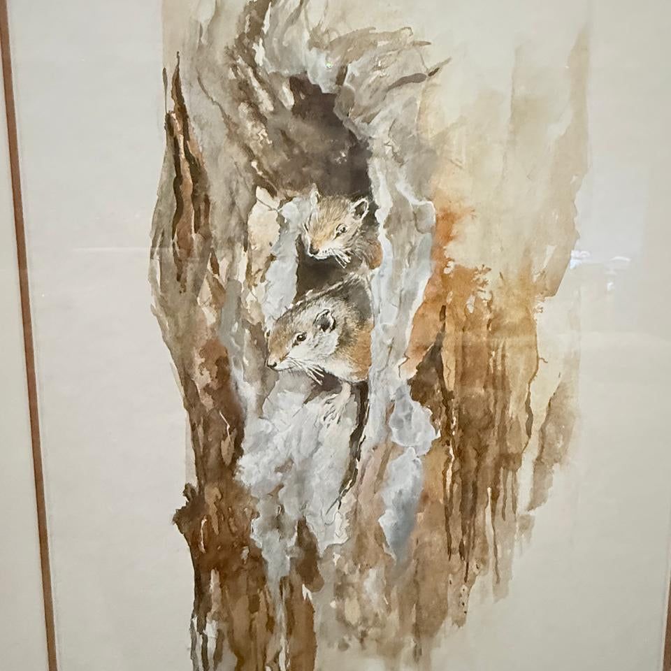 SQUIRRELS IN TREE TRUNK FRAMED ARTWORK