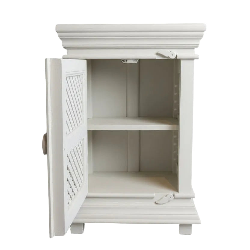 Wooden cabinet with open doors on a dark background
