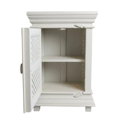 Wooden cabinet with open doors on a dark background