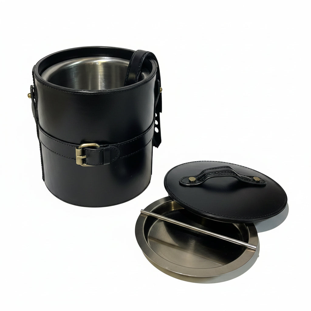 BLACK LEATHER ICE BUCKET WITH TONGS