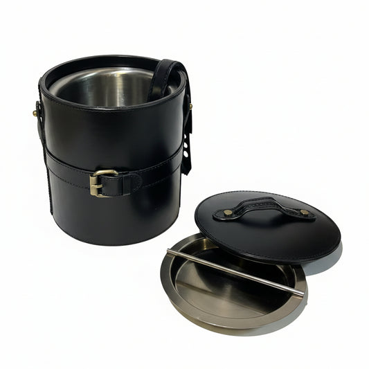 BLACK LEATHER ICE BUCKET WITH TONGS