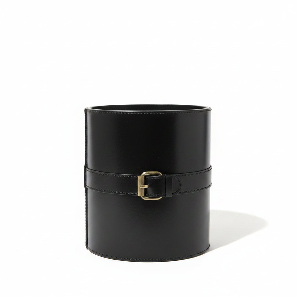BLACK LEATHER ICE BUCKET WITH TONGS