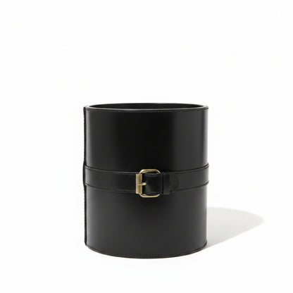 BLACK LEATHER ICE BUCKET WITH TONGS