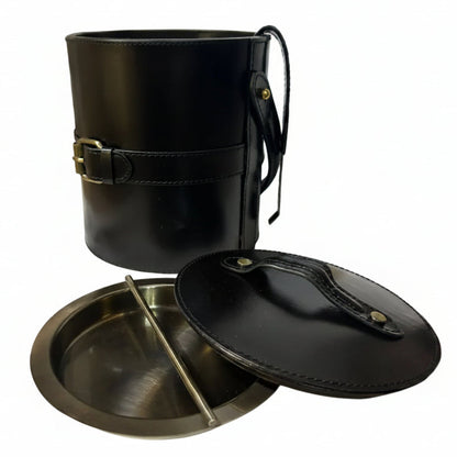 BLACK LEATHER ICE BUCKET WITH TONGS
