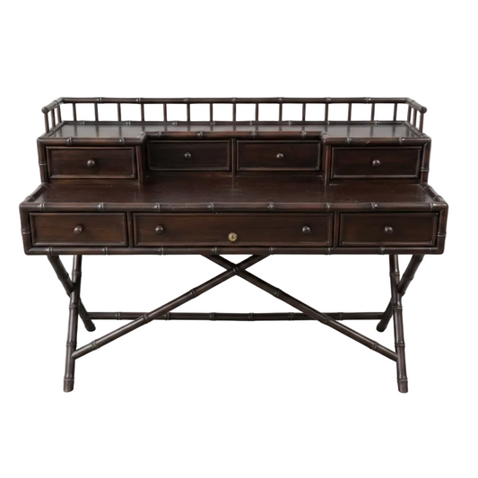 Dark wooden desk with multiple drawers bamboo