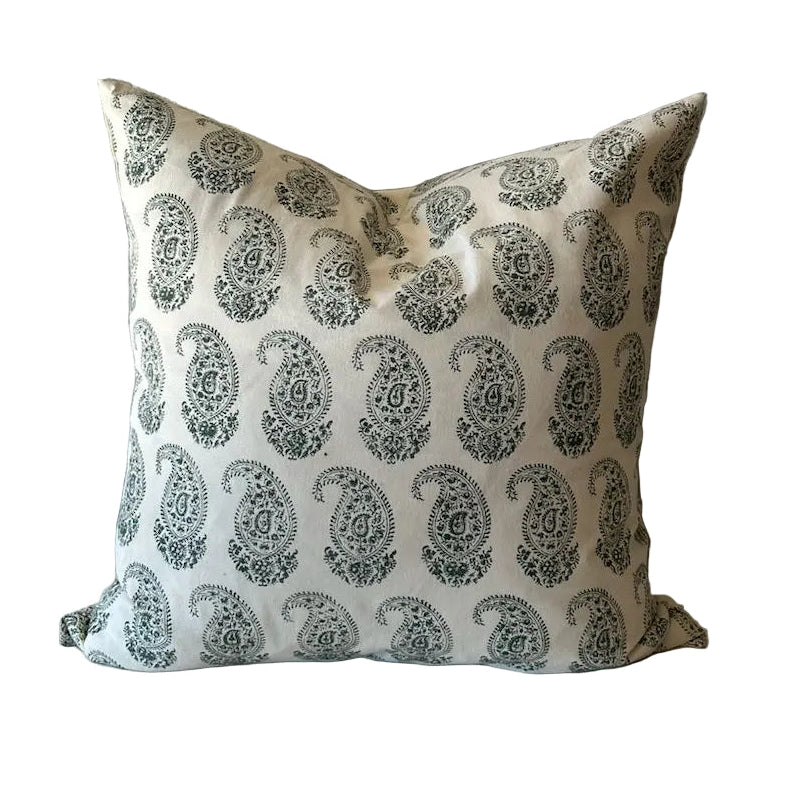 Decorative pillow with paisley pattern.