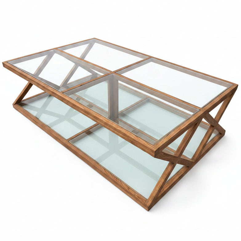 Glass coffee table with wooden frame 