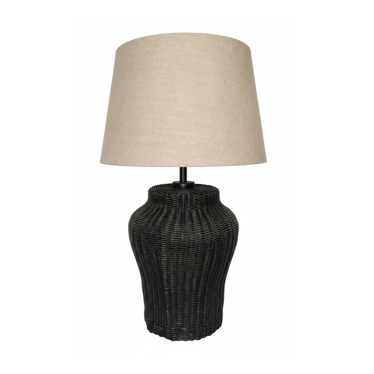 RATTAN LAMP BASE WITH LINEN SHADE