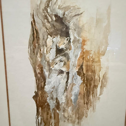 SQUIRRELS IN TREE TRUNK FRAMED ARTWORK