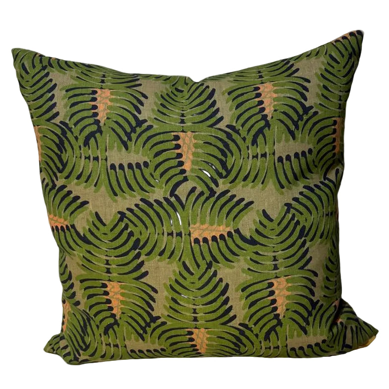 Fabric with a leaf pattern in green and navy on a beige background scatter pillow cushion