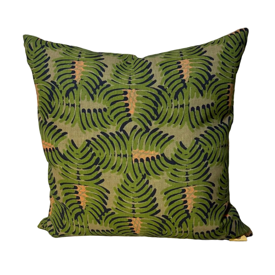 Fabric with a leaf pattern in green and navy on a beige background scatter pillow cushion