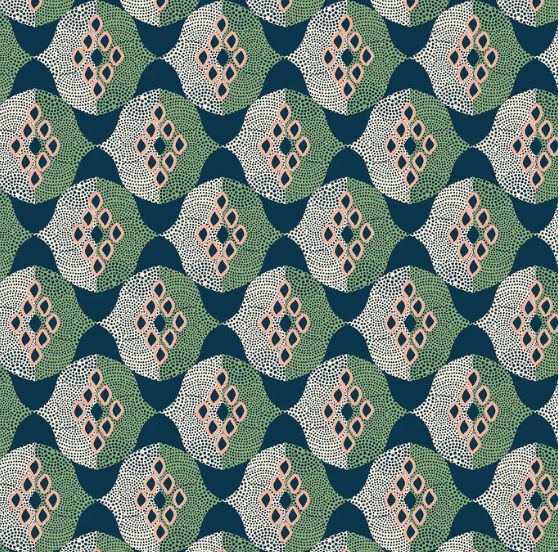 Patterned fabric with geometric design in green, blue, and beige.