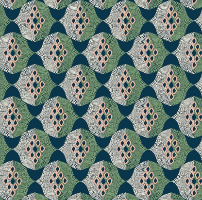 Patterned fabric with geometric design in green, blue, and beige.